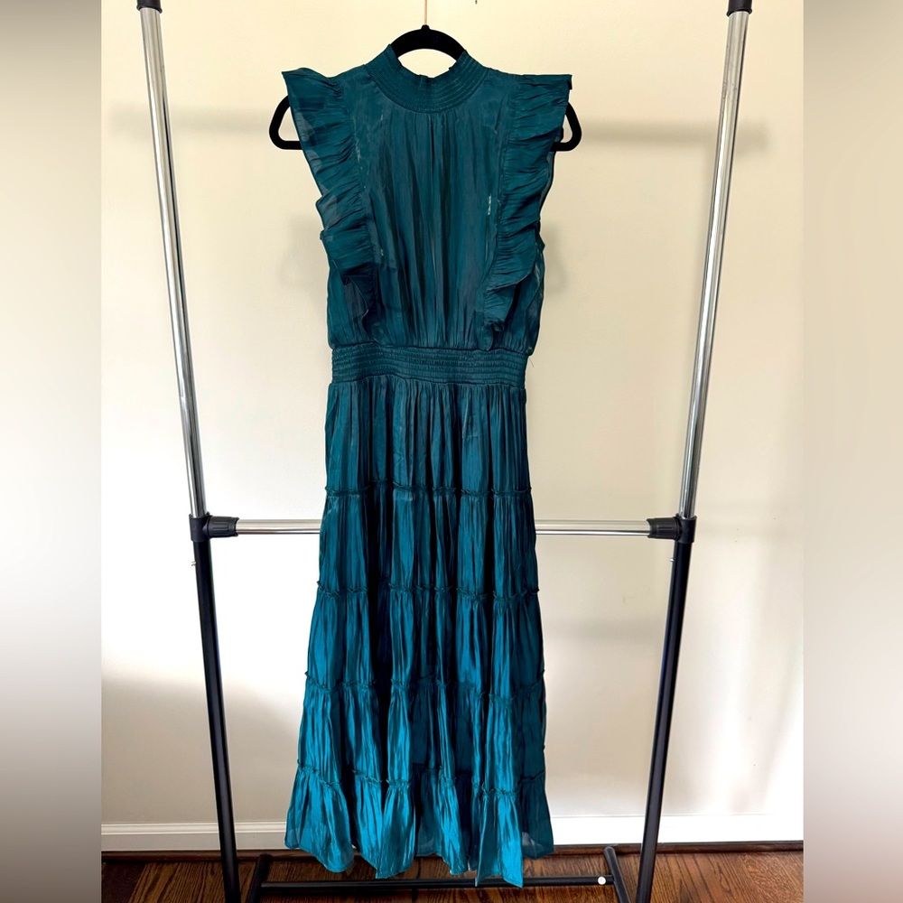 Lulu's Take a Glance Emerald Green Tiered Mock Neck Midi Dress - Size M - Picture 2 of 5